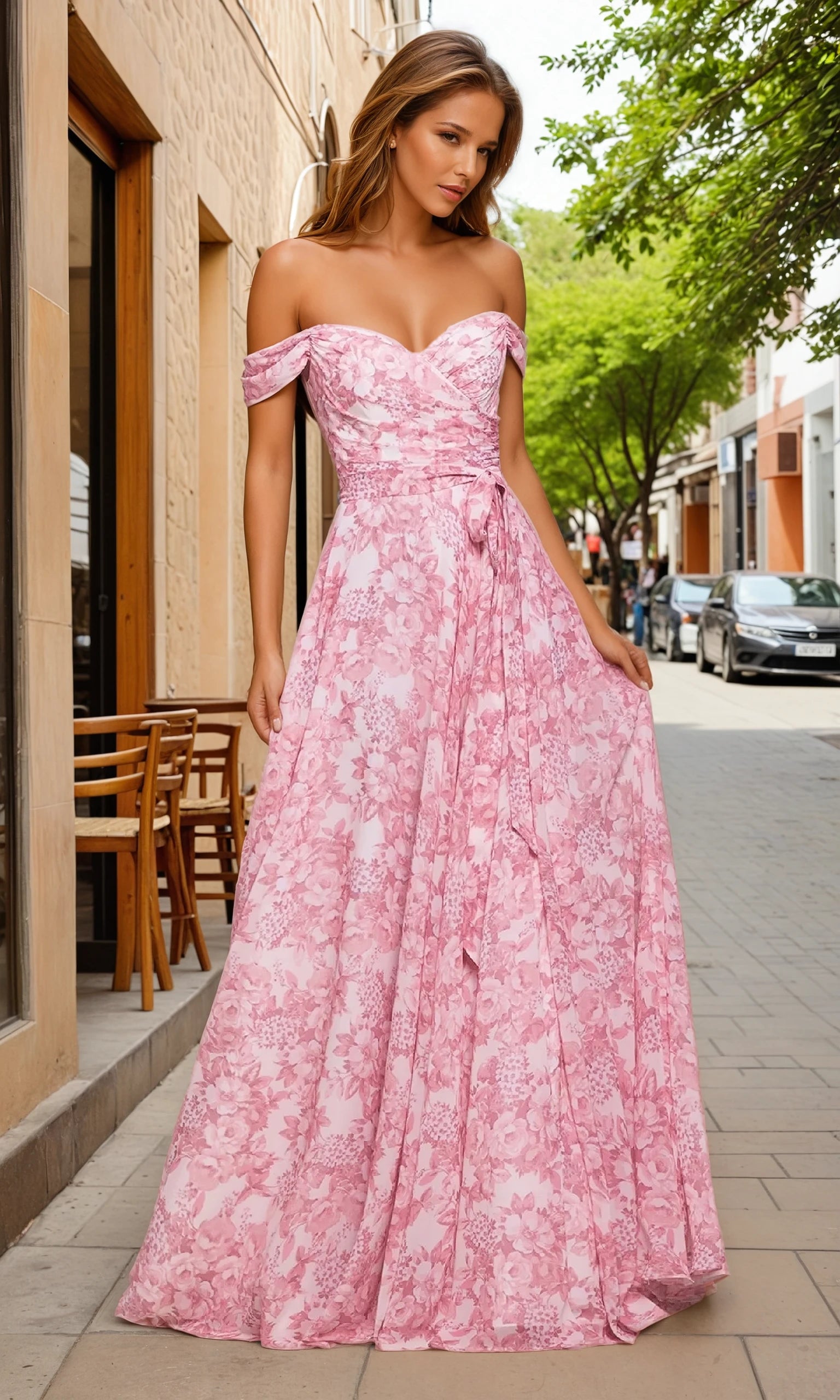 A woman stands on a city sidewalk in the Ladivine 7441, a long floral-print A-line prom dress. She holds part of her elegant skirt, with trees and parked cars visible along the street in the background.